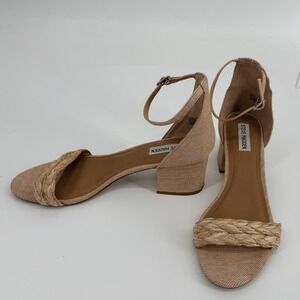 Steve Madden Irenee Sandals Women 10M Tan Braided Block Heel Ankle Strap Raffia
